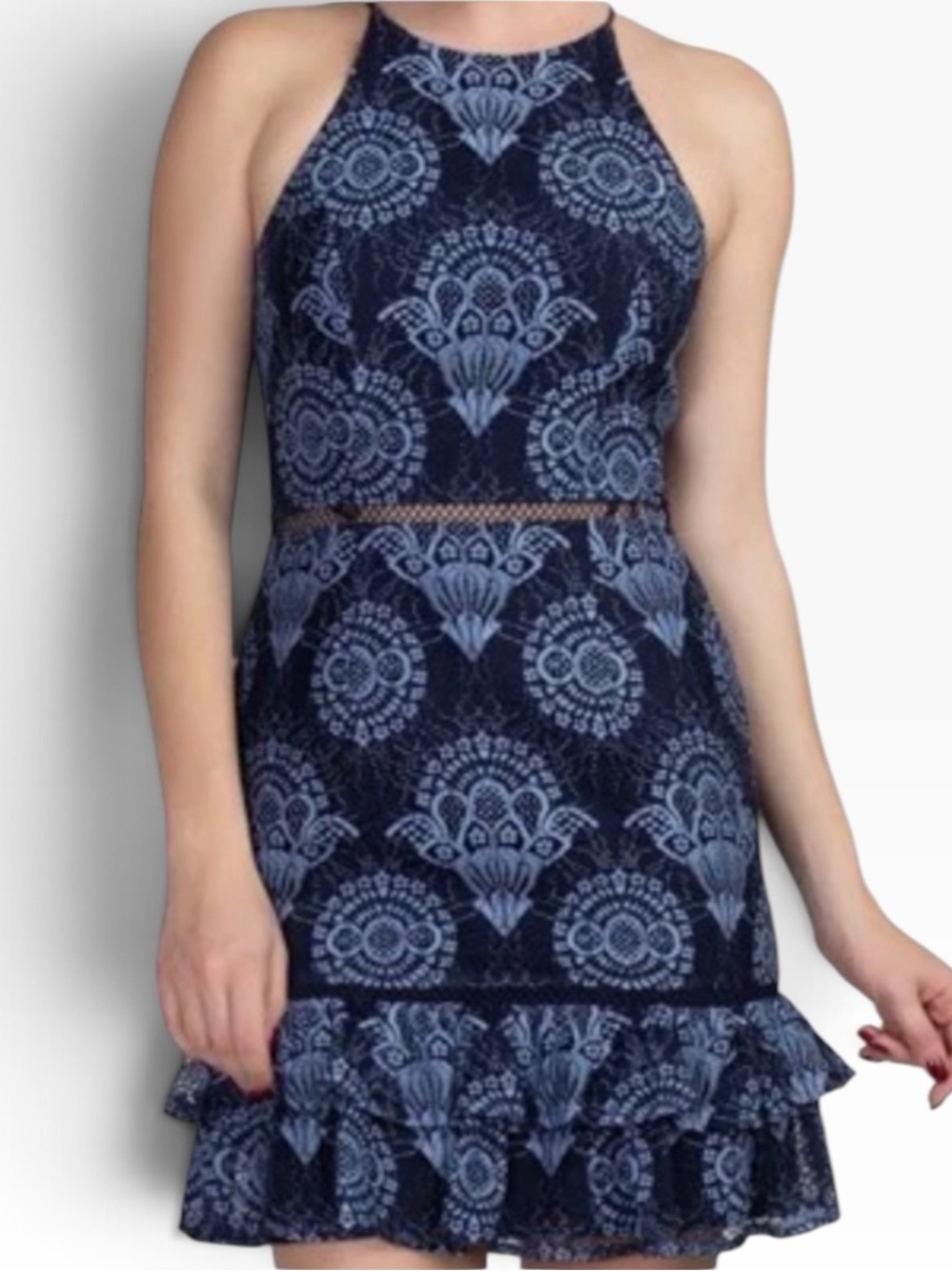 Minuet Navy Lace Overlay Halter Dress Ruffled Hem Sz L